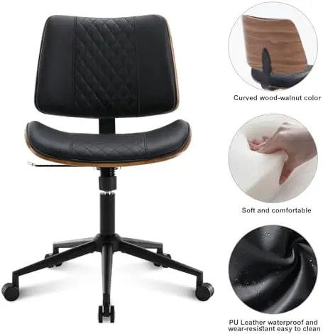 BV Small Desk Chair, Bentwood Back, Swivel Task Chair, Faux Leather, Black