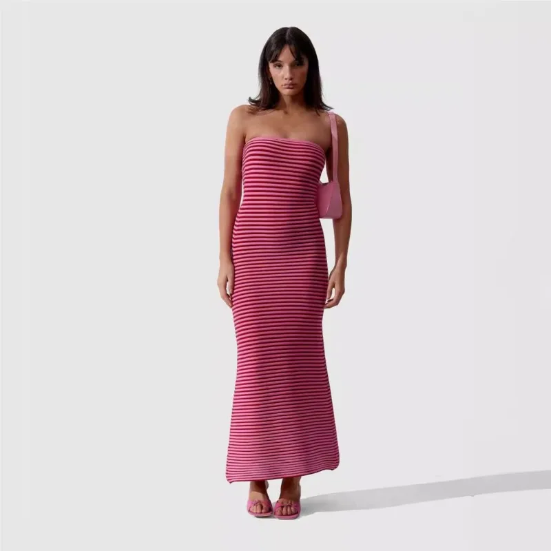 

Beach Outlet Women Long Cover Up Bathroom Exits Dress 2024 New Braided Skirt Knitted Stripes Sexy Slim Fit Buttock Print Acrylic