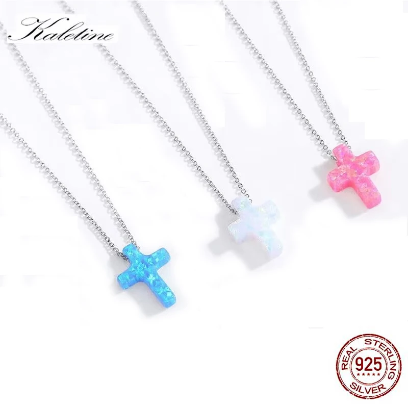 KALETINE Women Cross Opal Necklace Genuine 925 Sterling Silver Lab Opal Blue Cross Charm Opal Necklace KLTN019