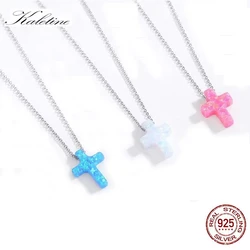 KALETINE Women Cross Opal Necklace Genuine 925 Sterling Silver Lab Opal Blue Cross Charm Opal Necklace KLTN019