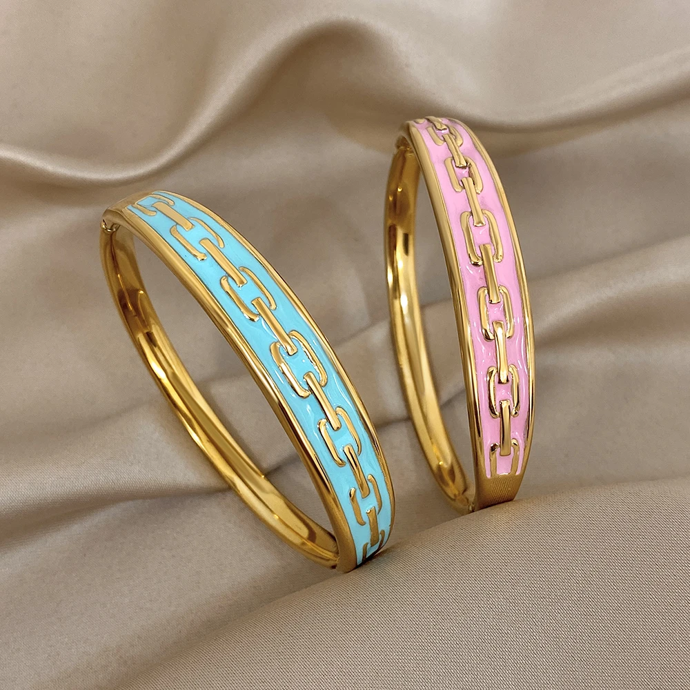 

DODOHAO Vintage Stainless Steel Wide Cuff Bracelets for Women Bohemian Drip Oil Round Chunky Spring Bangle Waterproof Jewelry