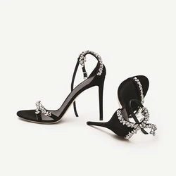 In 2024, the new black high-heeled shoes with one-word buckle and rhinestone women's shoes with open toes and round head sandals