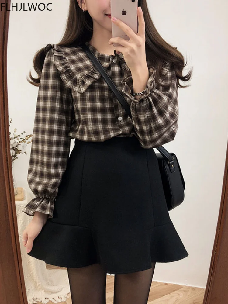 2022 Cotton Blends Basic Shirts Blouses Women Japan Preppy Style Design Ruffled Tops Ruffled Peter Pan Collar Plaid Button Shirt