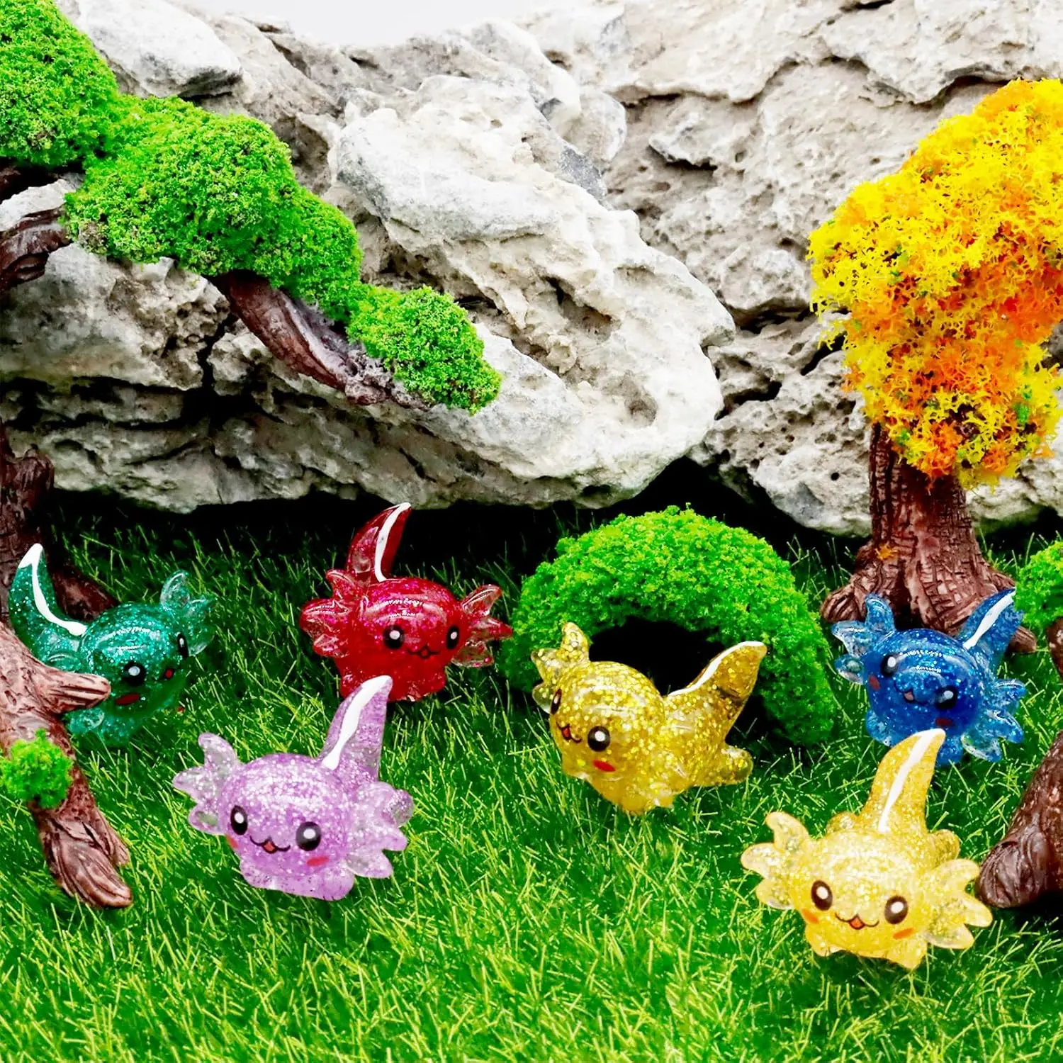10/20pcs Mini Resin Axolotl Miniature Glitter Axolotl Tiny Animal Figures Ornament for DIY Potted Plant Decor