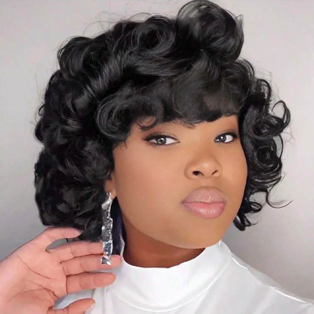 البيض الضفيرة عابث قطع شعر مستعار شعر الإنسان كامل آلة صنع شعر مستعار البرازيلي قصيرة عابث بوب قطع خصلات الشعر المستعار الإنسان شعر مستعار قصير أسود طبيعي #1