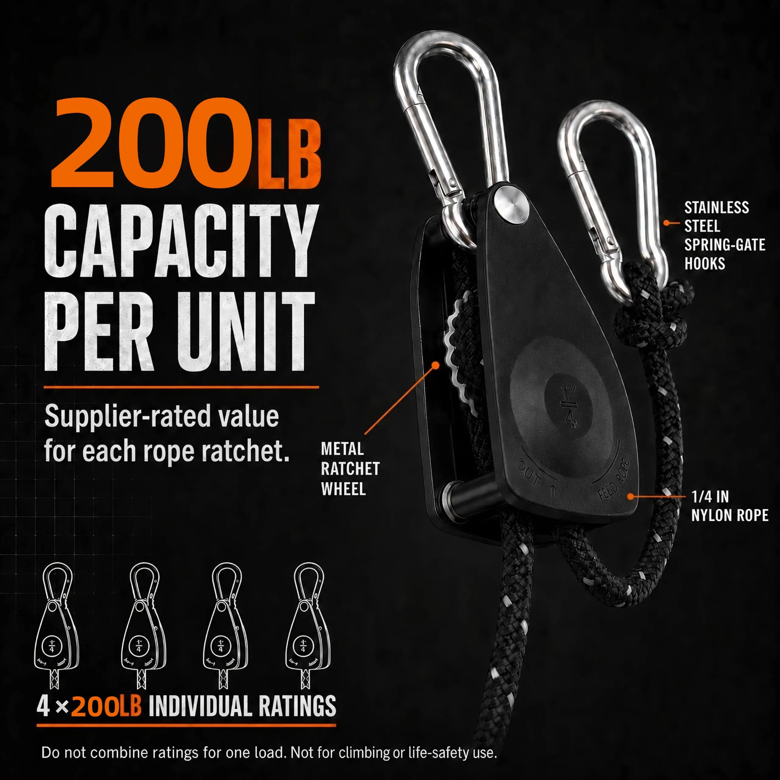 4m X 6.4mm Rope Ratchet Hanger 200LB Heavy Duty Stainless Steel Hooks Reflective Rope for Kayak Canoe Grow Light Tie Down