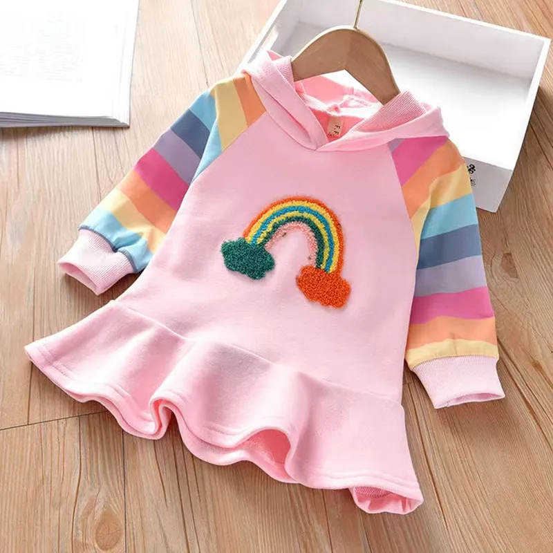 

Girls Dress Autumn Long Sleeve Rainbow Striped Princess Dresses for Girl Kids Dress Casual Children Clothing 2024 New