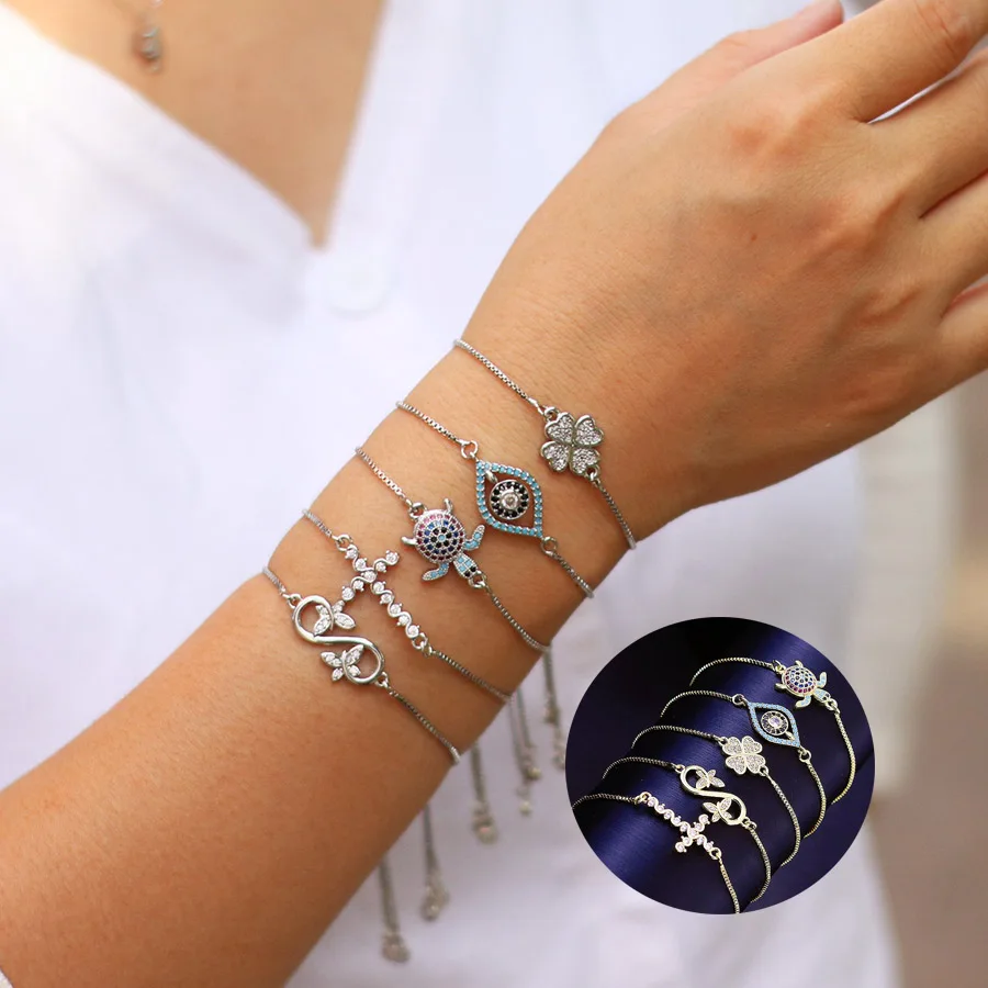 Mode Gold Silber Farbe Frauen Kette Armband verstellbare Glieder Armband böse Augen Schmetterling Blume Kreuz Cuckold Braslet Joias