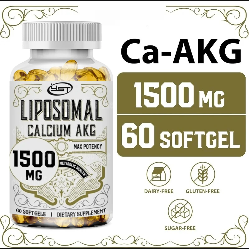 Suplemento AKG de calcio liposomal 1500 mg - Antienvejecimiento, energía celular, soporte metabólico, 60 cápsulas blandas