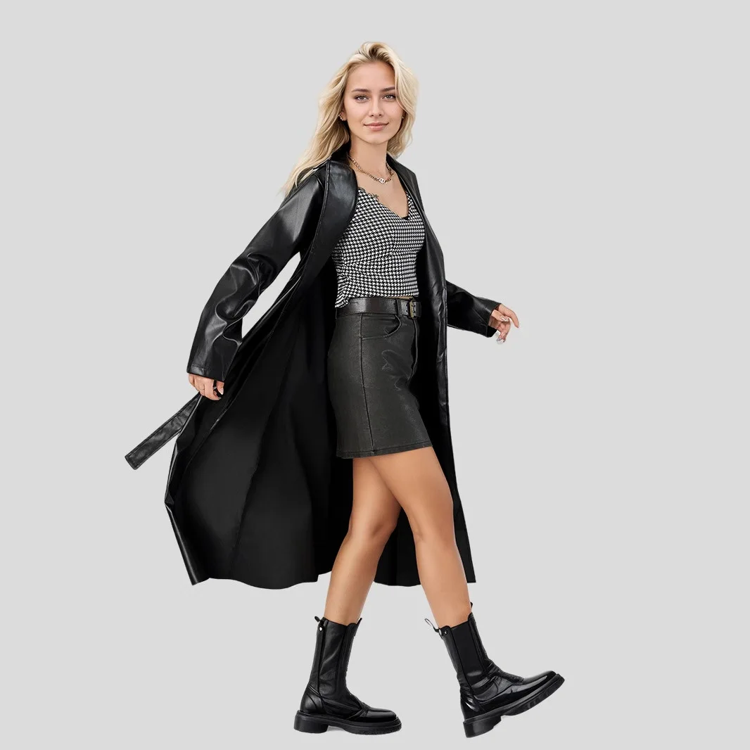 Mandylandy 윈드 브레이커 봄과 가을 주름 방지 트렌치 자켓 패션 여성 가죽 아웃웨어 PU 코트 자켓