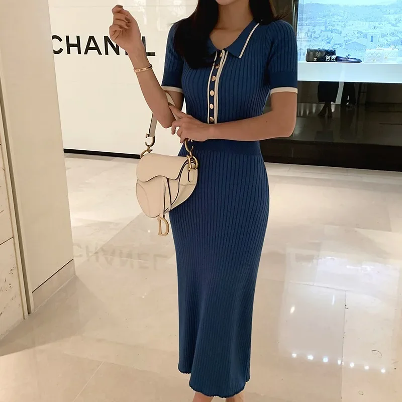 New Slim Knitted Dress Women Summer Korean Fashion Polo Collar Single Breasted Short Sleeve Bodycon Long Dresses Vestidos Robe