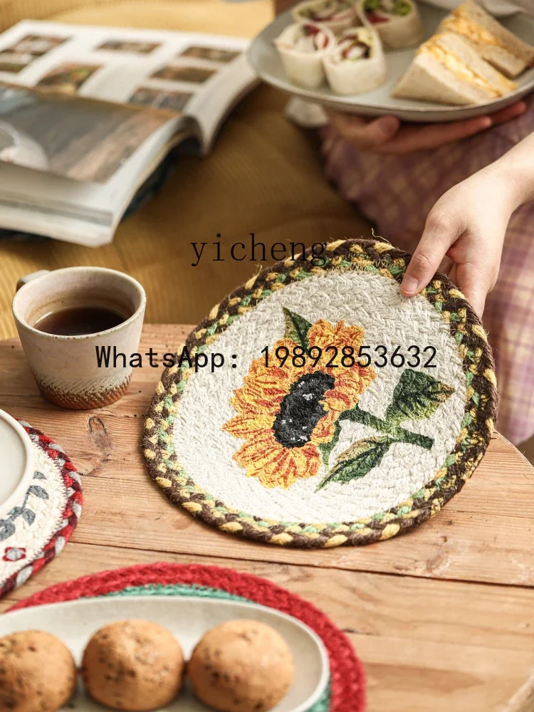 Z1 Kitchen Dining Table Heat Insulation Mat Handmade Woven Round Plate Vintage Country Style Anti-scald Table Mat