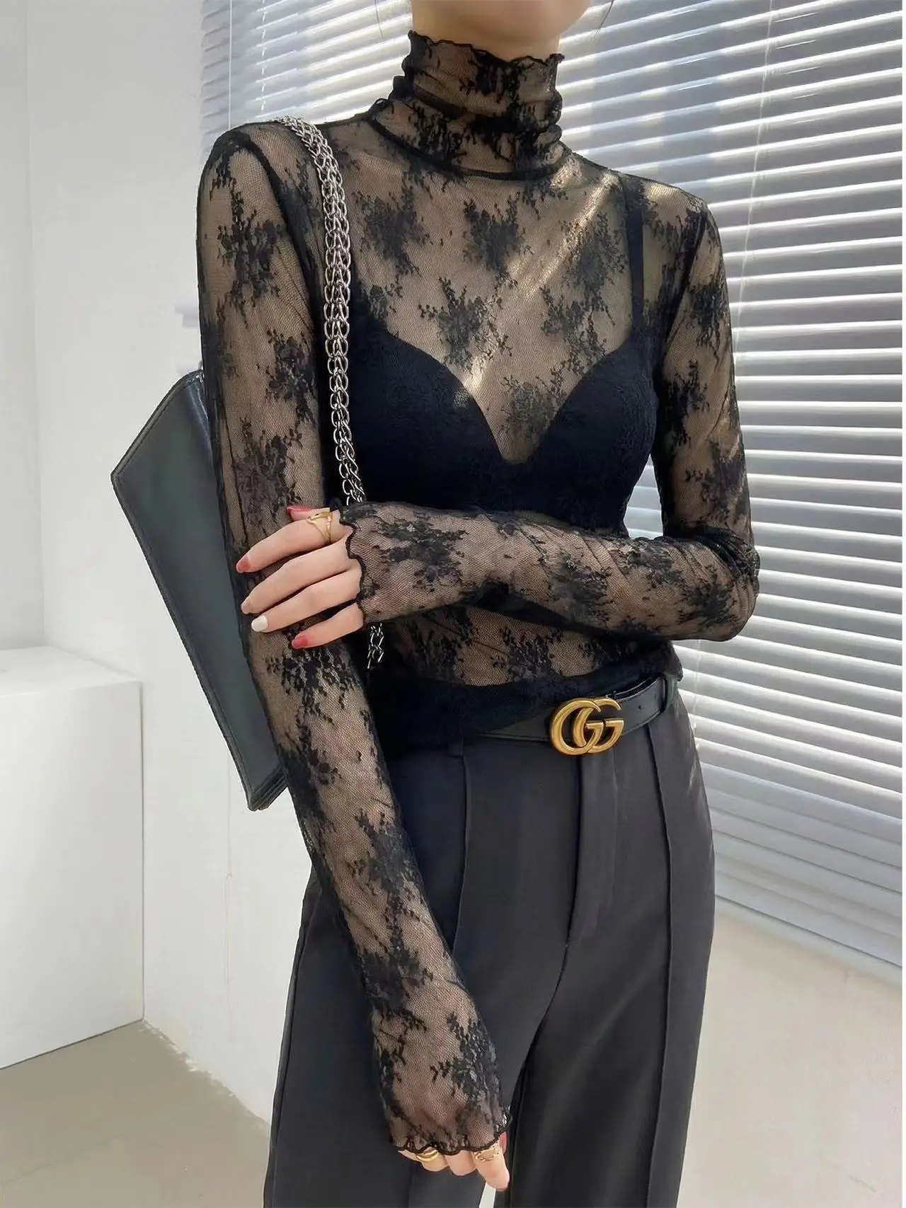 Elegant High Collar Long Sleeve Lace Mesh Base Shirt Ladylike Thin Shirt Spring Autumn Fashionable See through Mesh Top