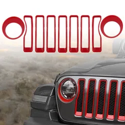 For 2018-2022 Jeep Wrangler JL Mesh Grille Grill Insert+Headlight Turn Light Cover Trim  JL JLU for Jeep Gladiator JT(Red)
