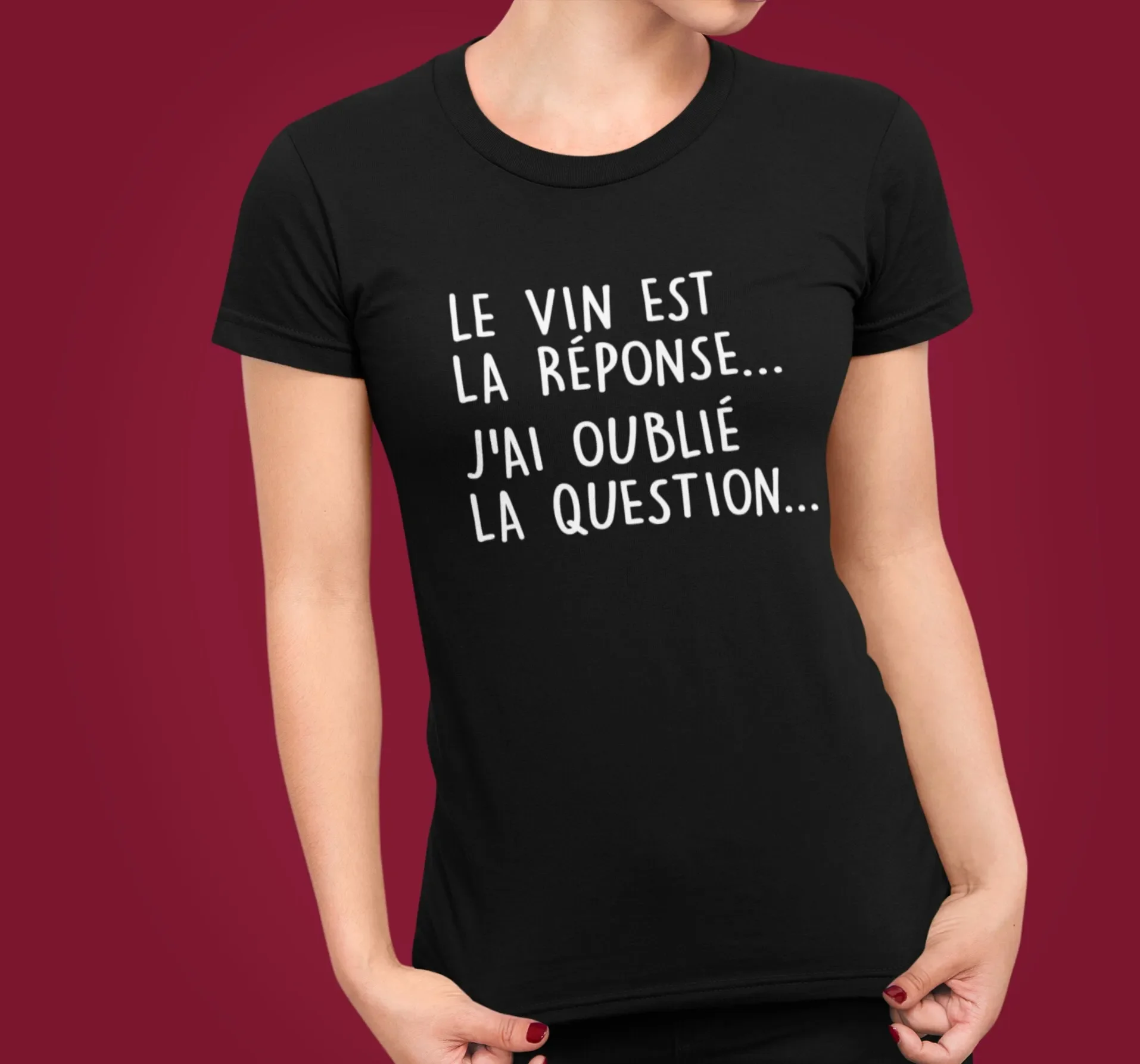 El vino es la respuesta, olvidé la pregunta, camiseta con cuello redondo y manga corta, humor, alcohol