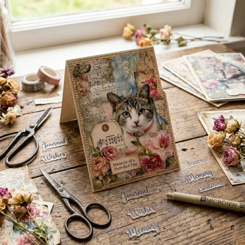 Vintage Cat Floral Script Pattern Paper Pack Scrapbook Paper Junk Journal Card Making Craft Embellishment Supplies