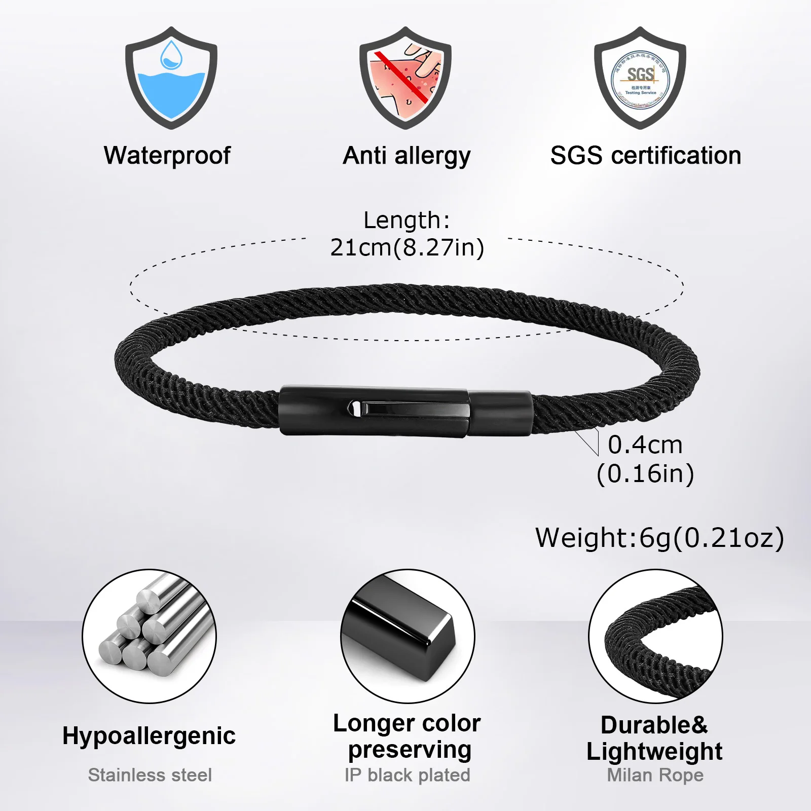 Minimalist Rope Bracelets for Men Boys, Black Color Single Milan Rope Wristband,Stylish Jewelry Gifts