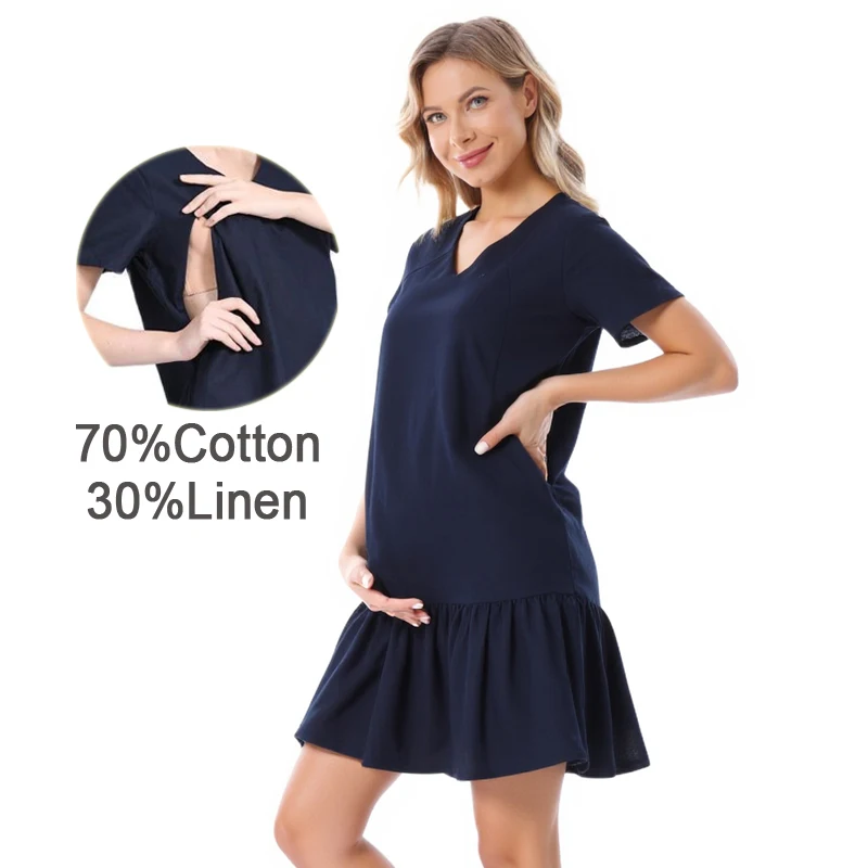 

Large Size Maternity Dress Cotton V-neck Short Sleeve Trendy Pregnancy Breastfeeding Dress Nursing Clothes for Postpartum Women