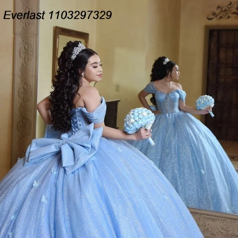 فستان Quinceanera أزرق مخصص من EVLAST مزين بفيونكة مكشوفة الأكتاف ومشد فيونكة حلوة 15 فيستدو دي 15 أنوس TQD567