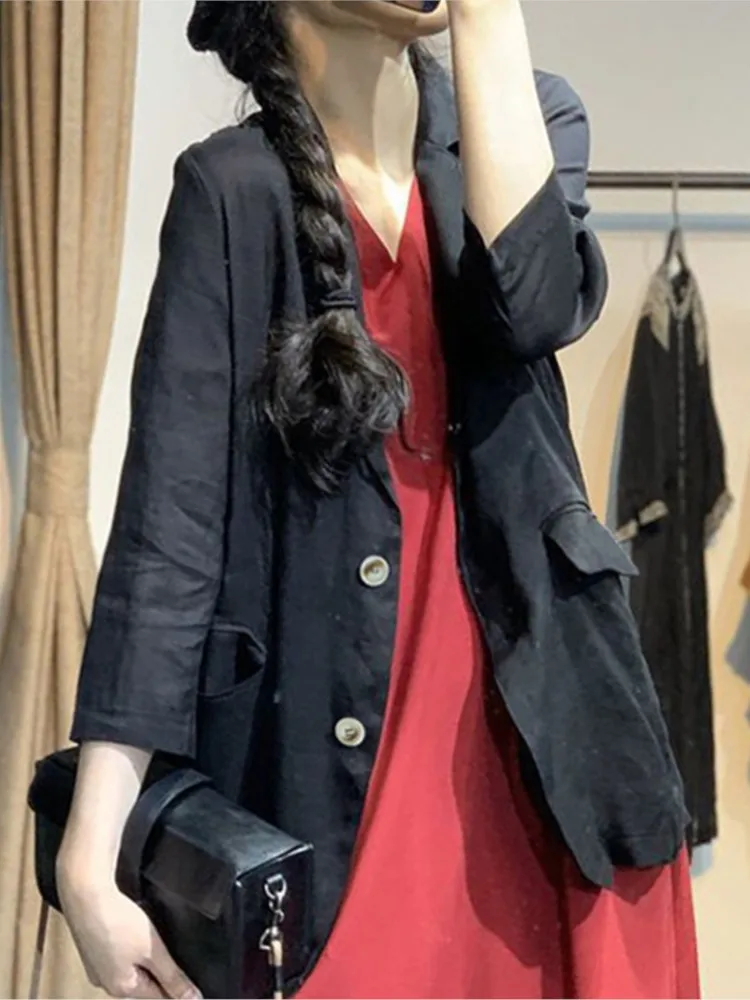 Oversized Summer Cotton Linen Coat Women Casual Loose Pleated Fashion Ladies Blazer Suits Short Sleeve Woman New Blazer Coats