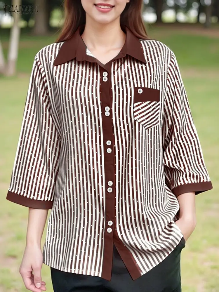

ZANZEA модные женские рубашки в полоску контрастного цвета, осень 2021, рубашка на пуговицах с отложным воротником и рукавами 3/4, накладные карманы, S-3XL