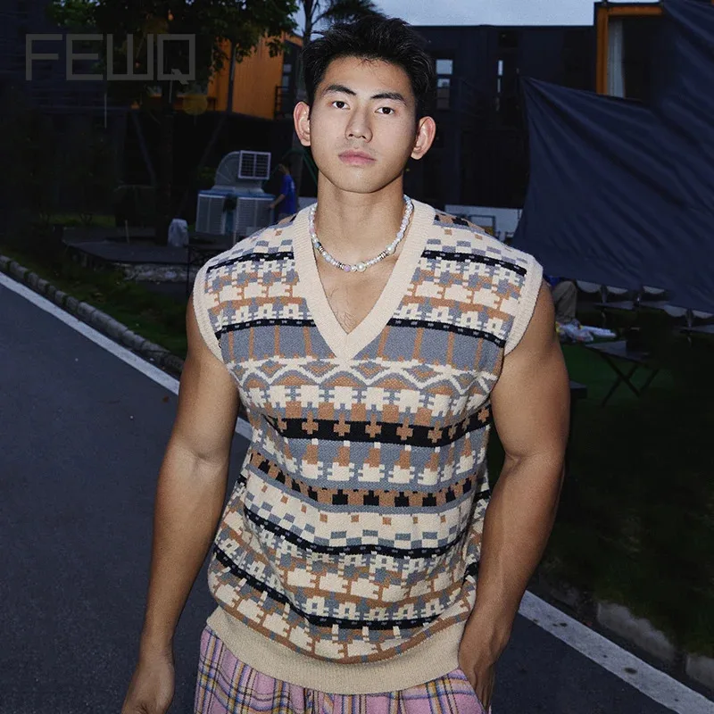 

FEWQ Autumn Casual Sweater Men's V-neck Jacquard Striped Knitted Vest 2024 Sleeveless Contrast Color Male Tops 24E2208