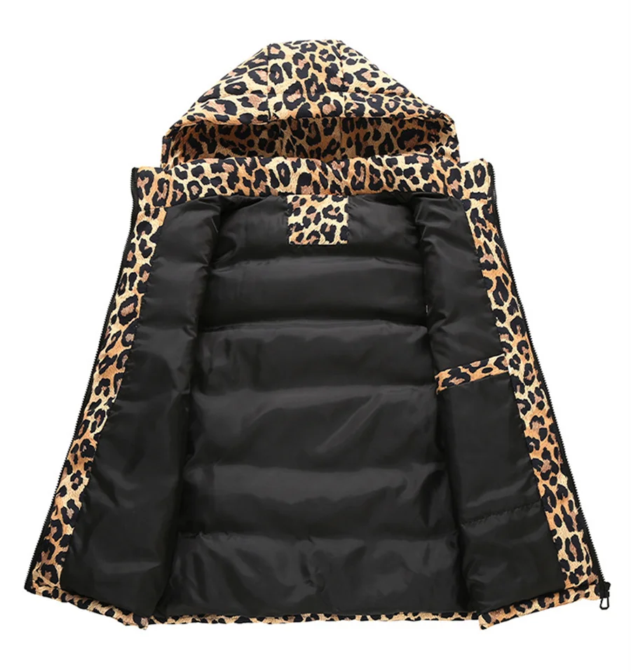 Leopard Print Men\'s Cotton Padded Vest Hooded Stand Collar Waistcoat Men Thick Warm Sleeveless Jackets Winter Casual Coat