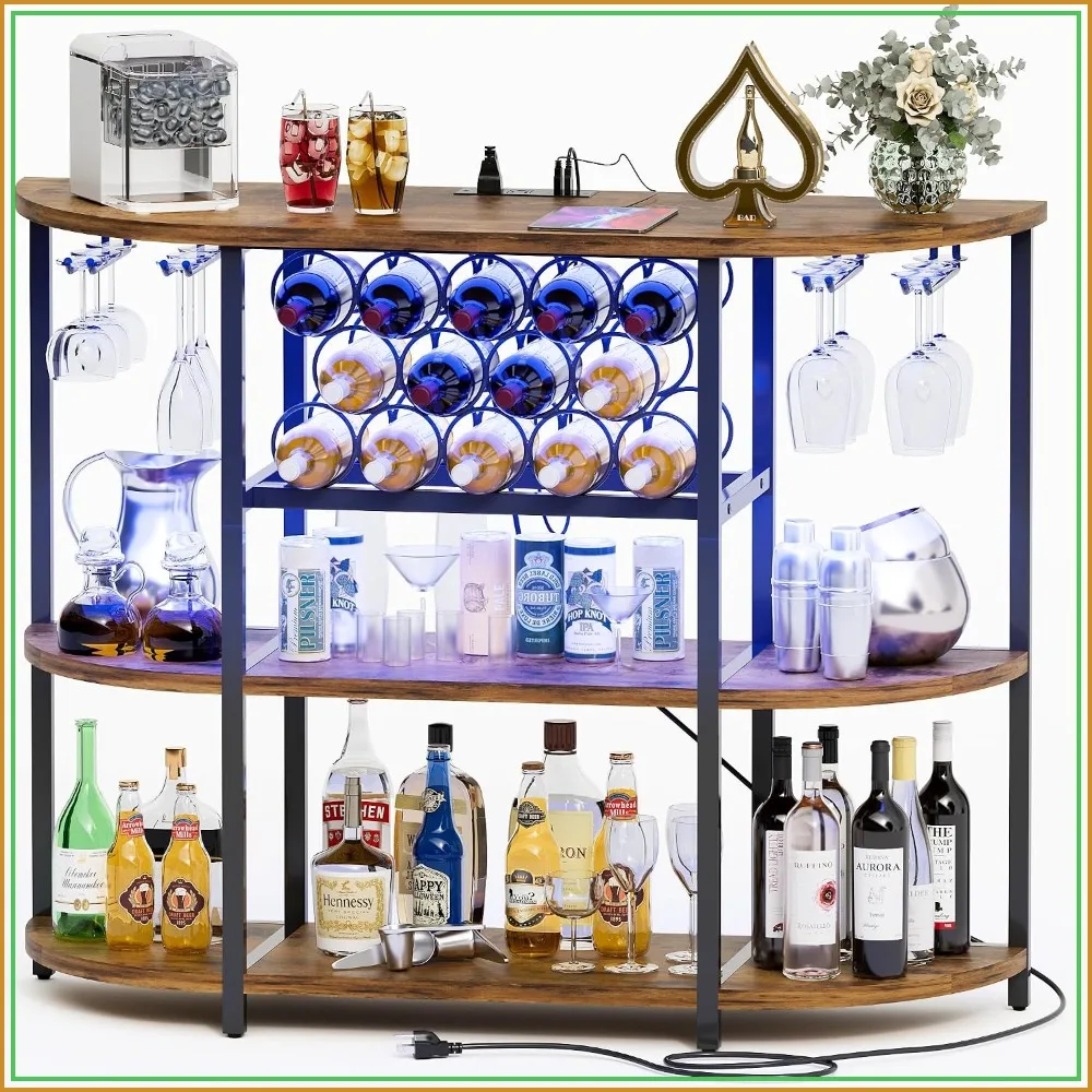 

LED Lighted Wine Bar Cabinet with Outlets, 4-Tier Storage, Glass Holder, Freestanding for Home