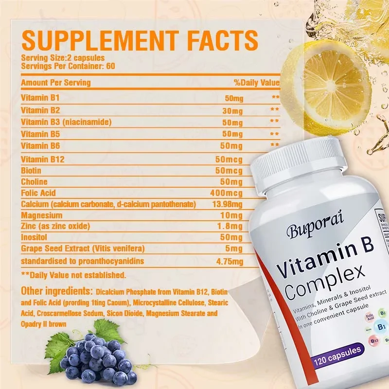 Complejo de vitamina B: apoya el sistema inmunológico, promueve la salud del cerebro y del sistema nervioso y ayuda a mantener el estado de ánimo saludable