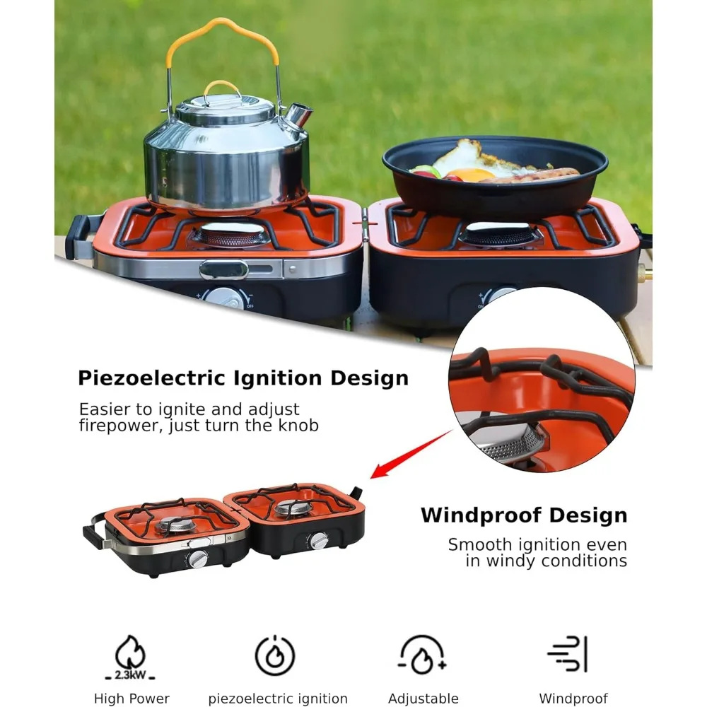 Propane Camping Stove 2 Adjustable Burners with 20,000 BTUs, Portable Folding Camp Stove Outdoor Gas Stove Cooker