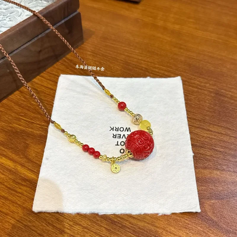 Cinnabar paper pattern bead necklace red sand with beeswax DIY hand-woven loose bead necklace pendant pendant