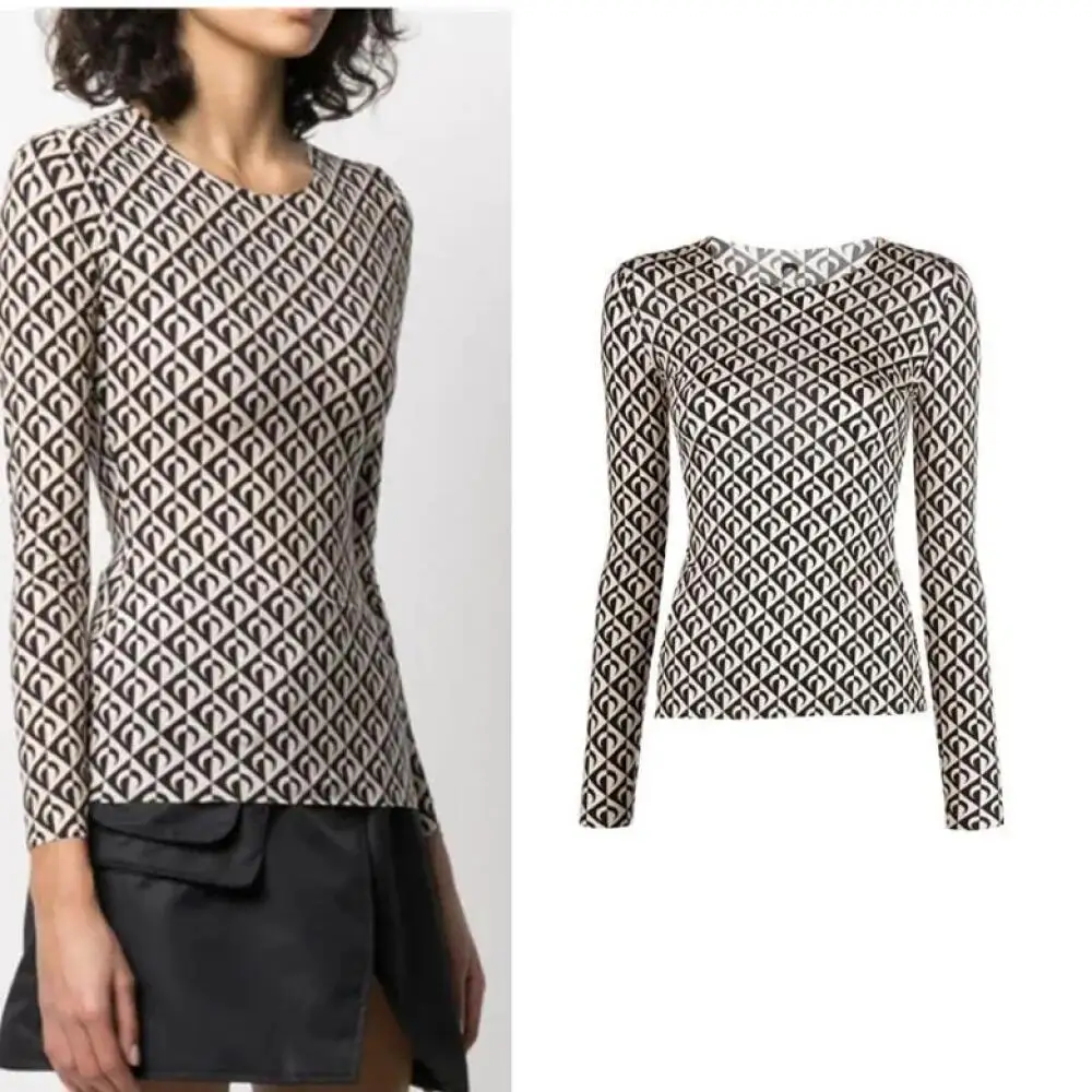 

Women Long Sleeve T Shirts Black White Half Moon Printed Classic Fashion Autumn Korean Leisure Slim Fit Stretchy Sunscreen Top