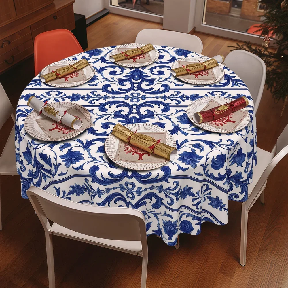 1pc Simple Mediterranean Style Blue and White Printed Round Tablecloth for Family Kitchen, Dining Room or Patiozyc
