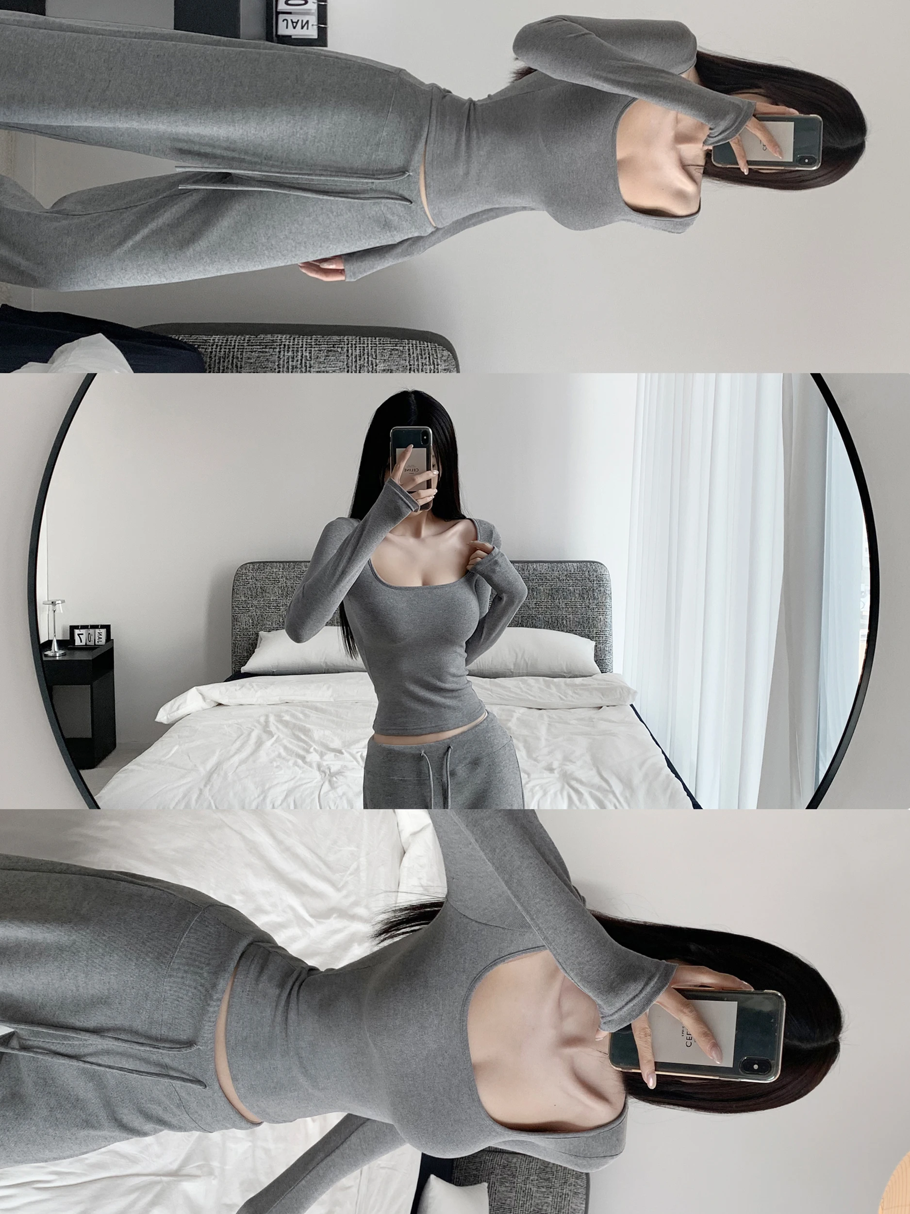 Zhang Zi  Self-Contained Chest Pad Shows Figure Low Chest Lockbone Square Collar under Shirt Tight Waist Long Sleeve Top