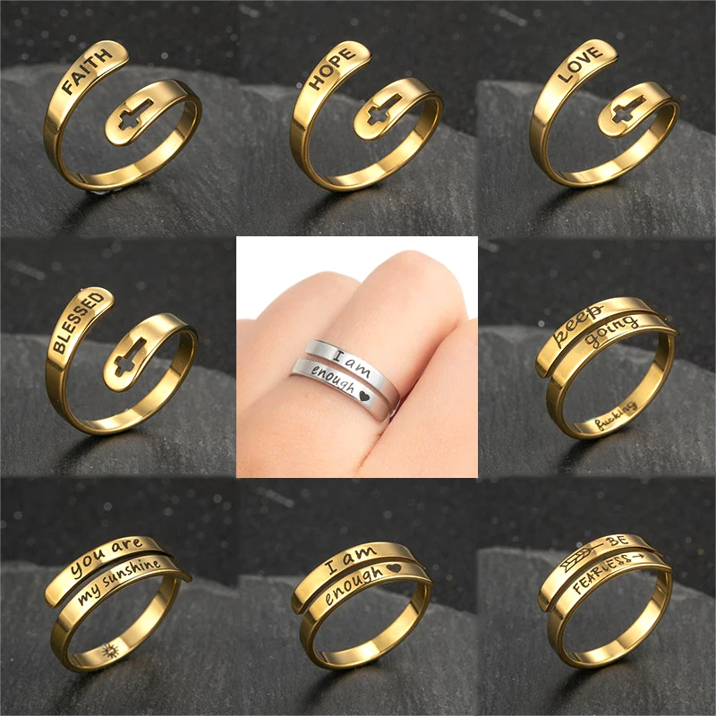 Mode ICH BIN ENOUGH Ringe Schmuck Edelstahl Anlauffreie Gold Silber Farbe HOFF GLAUBE LIEBE GESEGENZT Gravierte Frauen Bijoux