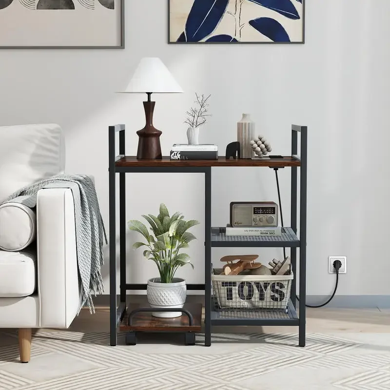 Printer Stand with Charging Station and Storage Shelves-Rustic Brown