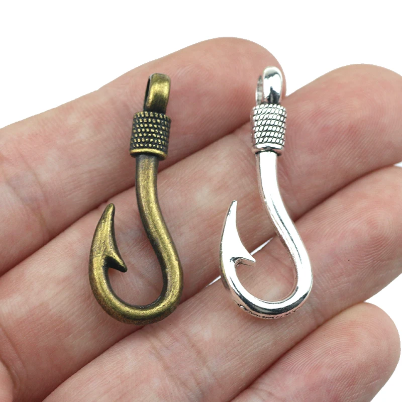 High Quality 10 Pieces/Lot 13*36mm antique silver plated or antique bronze metal fish hook charms pendant for jewelry making