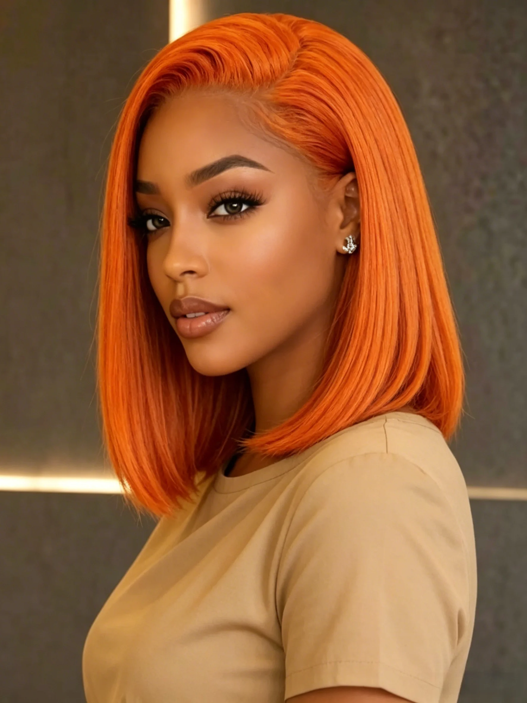 

12 Inch Bright Orange Straight Bob Wig 13x4 Lace Front Brazilian Human Hair 180% Density Side Part Colored Bob Wig