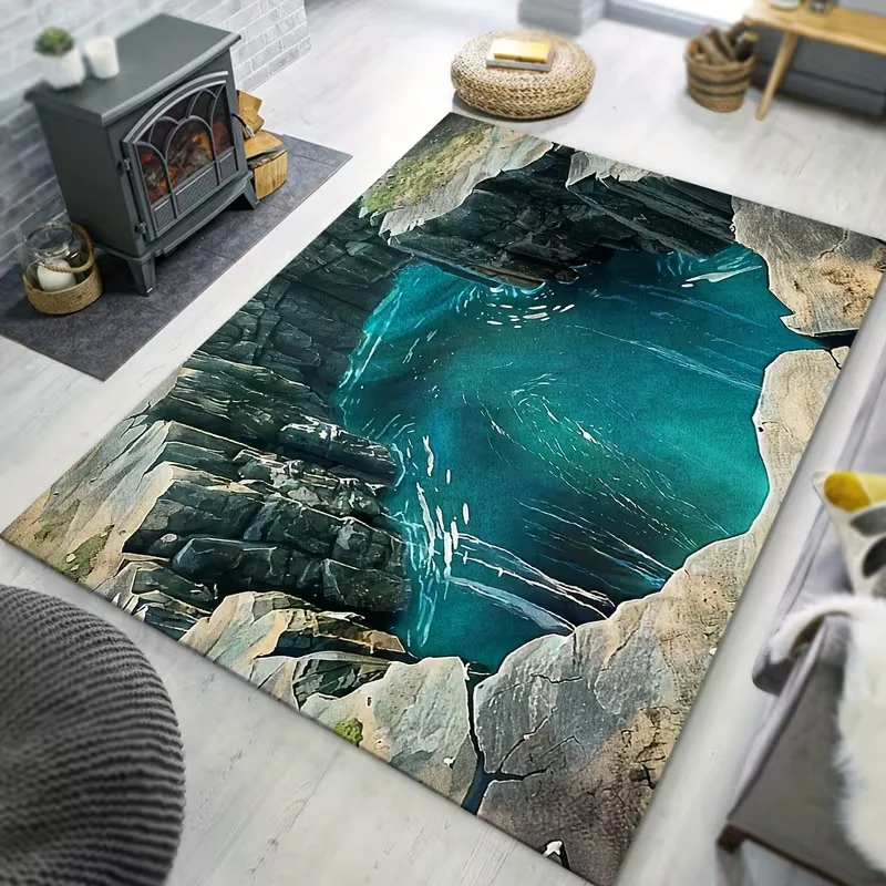2D Cave Pool Area Rug Rock Cliff Turquoise Water Print Soft Floor Mat Natural Scenery Carpet for Living Room Bedroom