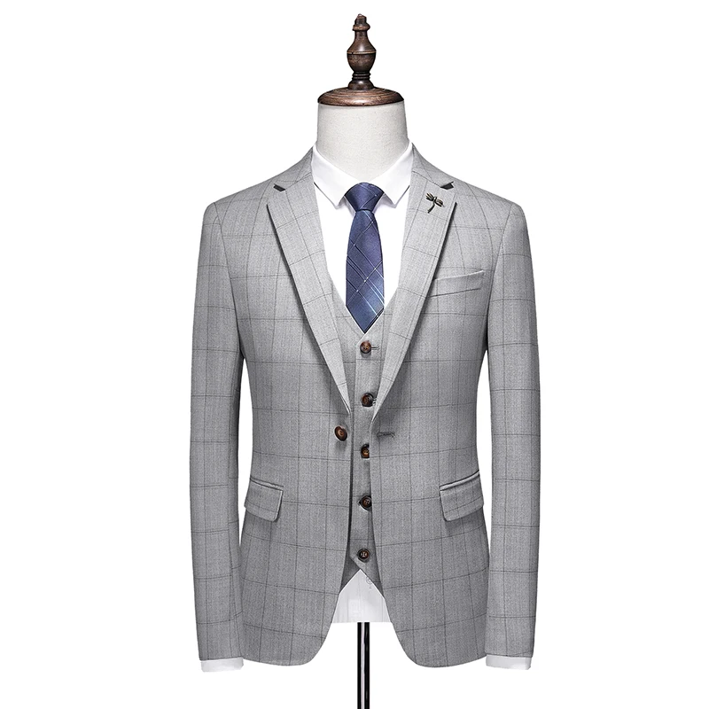 Business Casual Plaid (suit + Vest + Trousers) High-end Fashion Handsome Button Suit Korean Version Slim-fit Three-piece Set