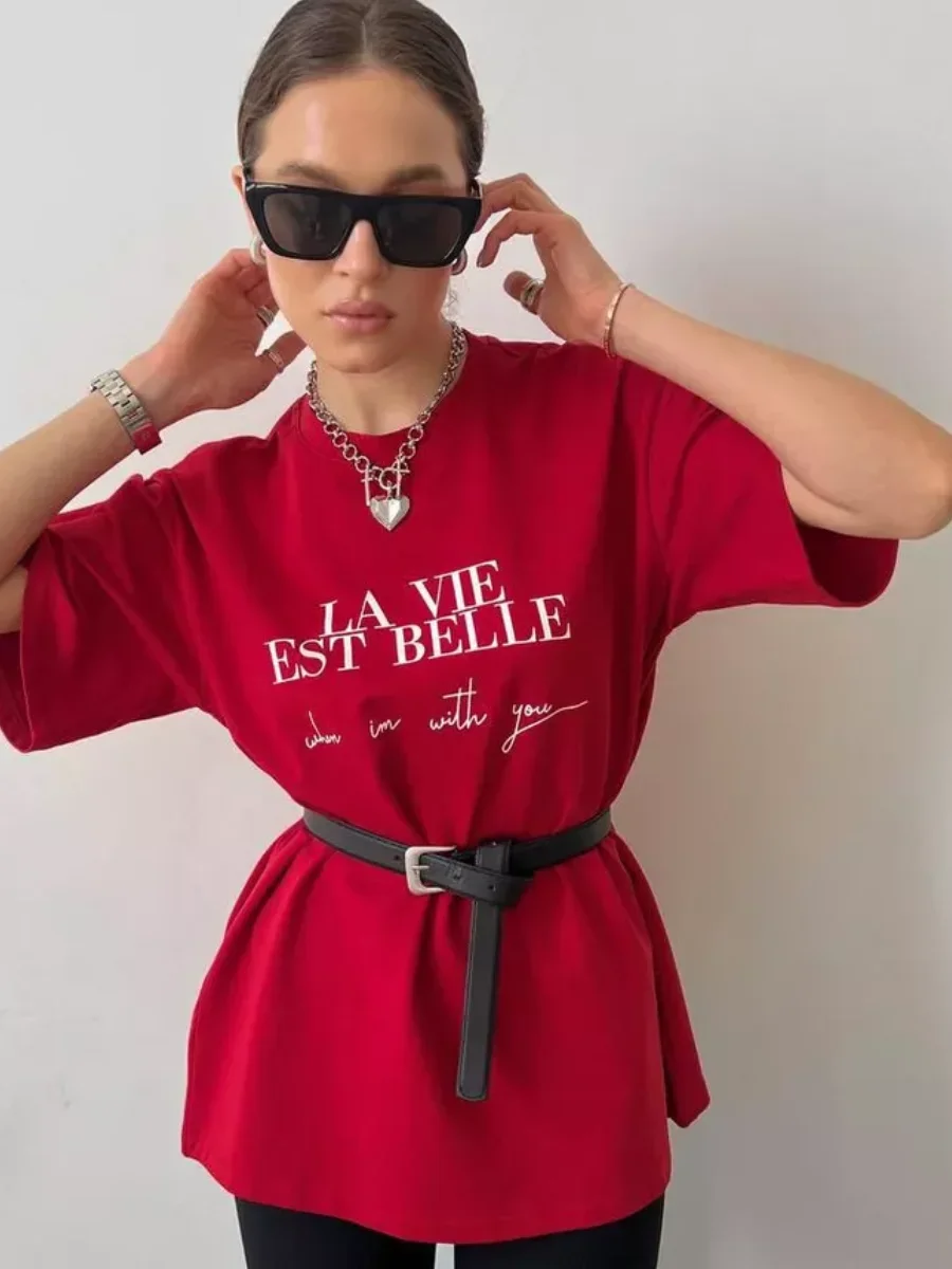 Camiseta americana de longitud media con estampado, moda coreana de verano, letras de personalidad urbana, camiseta versátil de algodón de manga corta para mujer