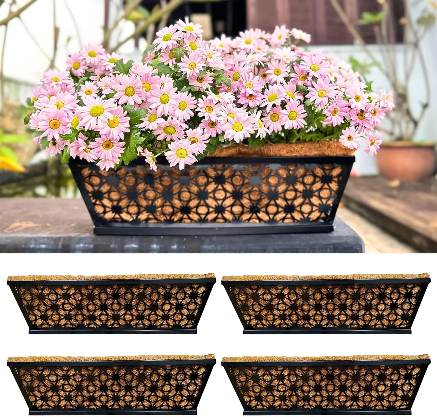 

16-дюймовый черный металлический прямоугольный ящик-кашпо для оконных проемов с кокосовым вкладышем, 4 штуки в упаковке, для сада, балкона, патио, забора, террасы