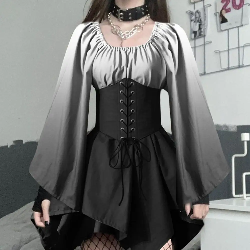 Halloween Women Cosplay Dress Irregular Hem Lace-up Strap Gothic Gradient Color Matching Medieval Vintage Bat Sleeves Dress