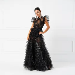 Charming Sexy Black Illusion Tulle Maxi Dresses Women To Party Fluffy Tiered Tulle Long Robe A-line Ruffles Mesh Prom Gowns