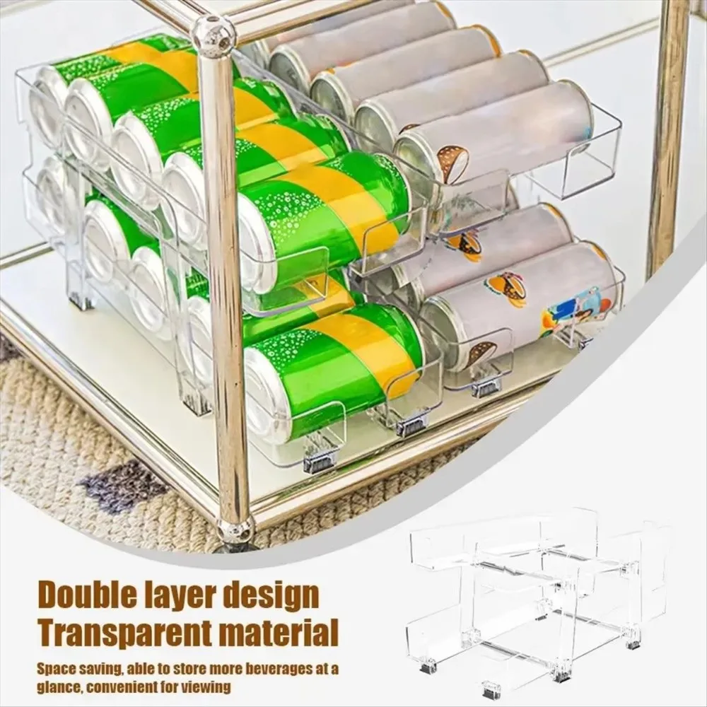 

Transparent Beverage Storage Box Expandable Stacking Can Storage Rack Double-layer Adjustable Width Storage Organizer Bin