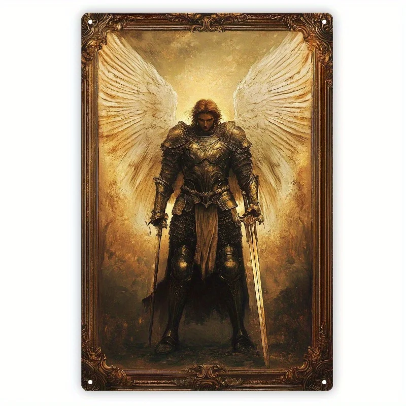 Golden Angel Michael Style Aluminum Metal Signage, Reusable Metal Decoration, Metal Wall Art Decoration, Festive Gift, 2D Flat
