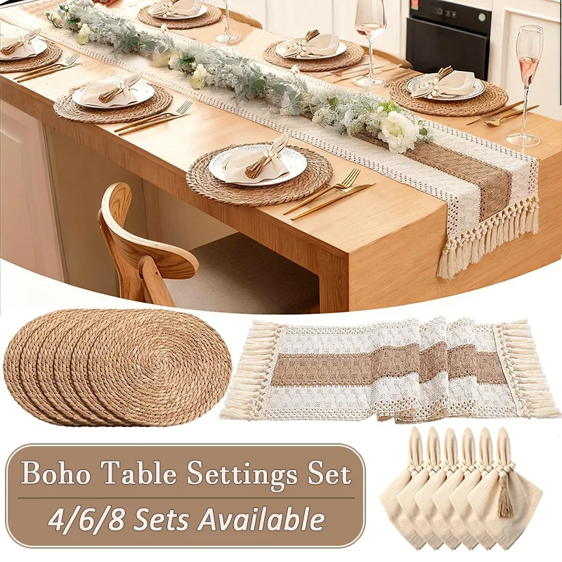4/6/8 Sets Boho Dining Table Decorations Farmhouse Placemats Rustic Table Runner Napkins Rings for Home Kitchen Dining Room