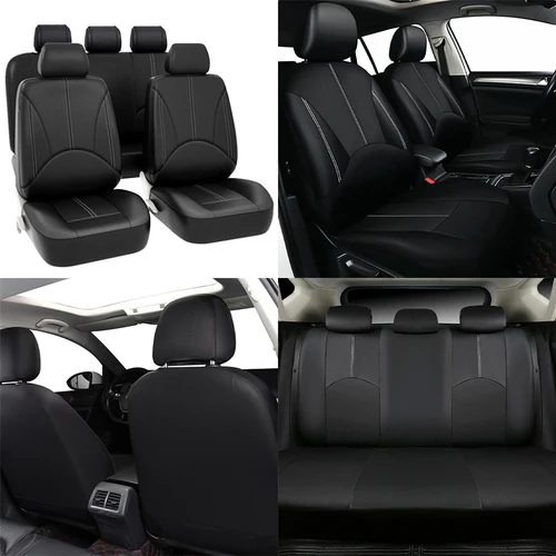 Imagen 2 del producto 9 unids/set fundas de asiento de coche universales de cuero PU fundas protectoras de asiento negras conjunto completo accesorios interiores de automóvil para las cuatro estaciones