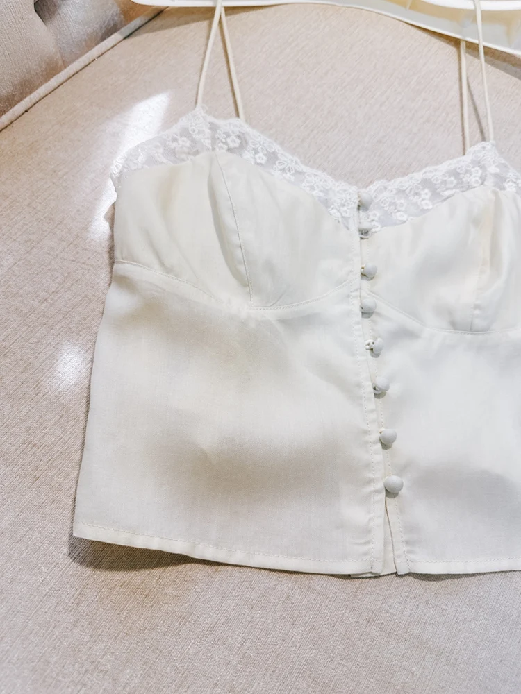 

Summer 2025 New Sle Tianli Laisel Lace Trim Csole Pure Desire White Top Women's Slim Fit Original Design ort Length Si...