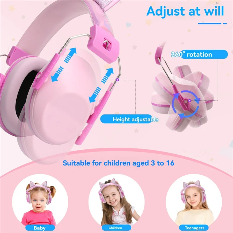 N82R Pink Cat Ears Kids Earmuffs Adjustable Anti-Noise Hearing Protector For Children For Study & Sleep Noise Cancelling
